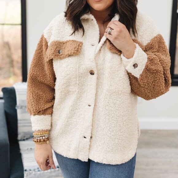 Boutique | Oversized Color Block Sherpa Shacket/Jacket | Camel & Cream | L - Picture 1 of 7